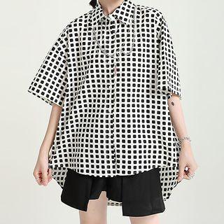 Elbow-sleeve Plaid Shirt Plaid - Black & White - One Size