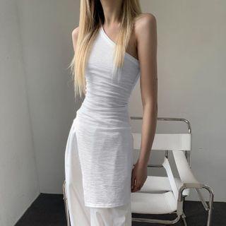 Sleeveless One-shoulder Slit Mini Sheath Dress