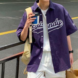 Lettering Print Oversized Elbow-sleeve Shirt