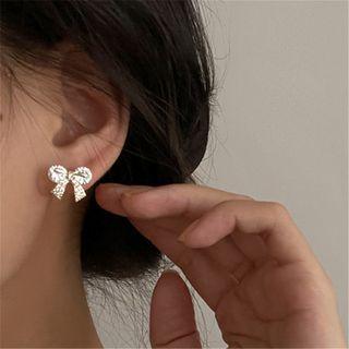 Bow Rhinestone Earring 1 Pair - S925 Silver - Rhinestone - Silver - One Size