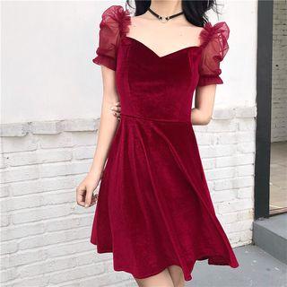 Velvet Mesh Panel Short-sleeve Dress