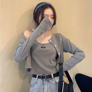 Set: Lettering Camisole Top + Button-up Light Jacket