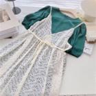 Set - Short-sleeve Round Neck Top + Lace Sleeveless Dress