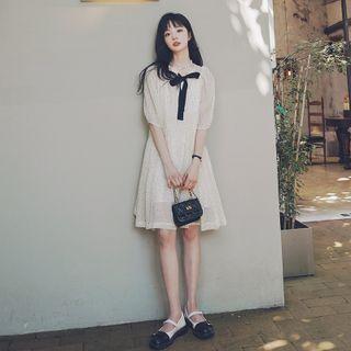 Set: Balloon-sleeve Dotted A-line Dress + Slipdress