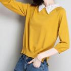 3/4-sleeve Lace Collar Knit Crop Top