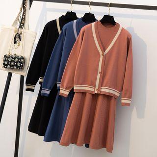 Set: Contrast Trim Cardigan + Sleeveless Midi Knit Dress