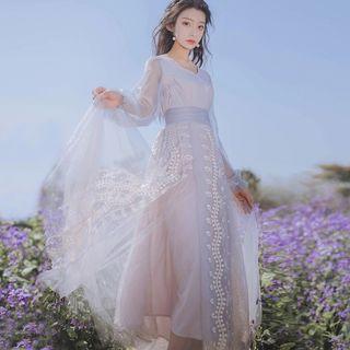Long-sleeve Embroidered Floral Mesh Long Dress