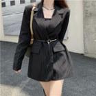 Padded-shoulder Double-breasted Striped Blazer Dress With Belt Stripe - Black Blazer With Belt - One Size
