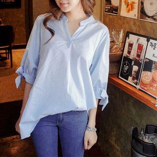 Striped Elbow-sleeve Loose Fit Blouse