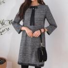 3/4-sleeve Check Shift Dress With Brooch Ivory - One Size