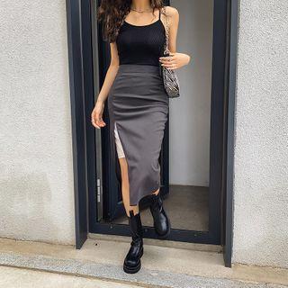 Striped-panel Slit-hem H-line Skirt