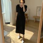 Split-neck Elbow-sleeve Midi Sheath Dress Black - One Size