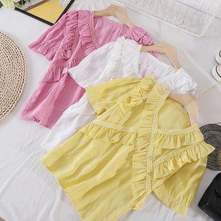 V-neck Ruffle Ruched Short-sleeve Chiffon Top