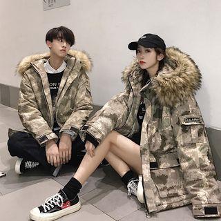 Couple Matching Camo Print Hooded Zip Parka