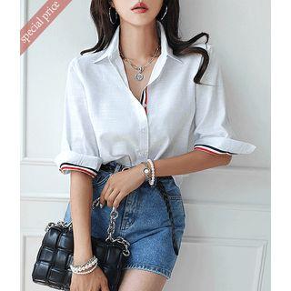 3/4-sleeve Stripe / Plain Shirt