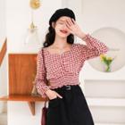 Long-sleeve Shirred Checked Crop Top
