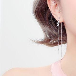 925 Sterling Silver Rhinestone Leaf Fringed Earring 1 Pair - Silver - One Size