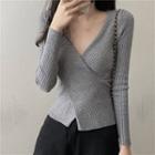 Long-sleeve Asymmetric Crisscross Plain Knit Top