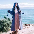 Long Embroidered Hooded Buttoned Knit Coat Grayish Blue - One Size