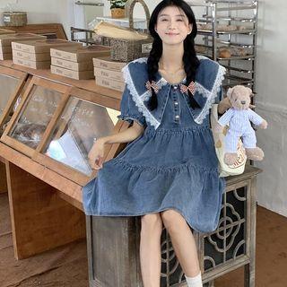 Puff-sleeve Lace Trim A-line Denim Dress Blue - One Size