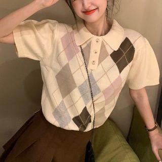 Short-sleeve Argyle Polo Shirt Top - Yellow - One Size