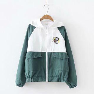 Cartoon Print Color Block Hooded Zip Jacket