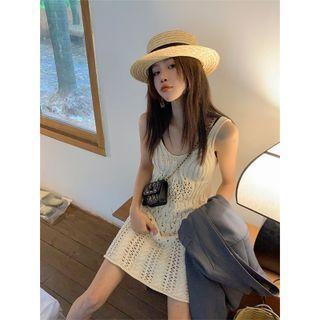 Sleeveless V-neck Perforated Knit Dress Almond - One Size