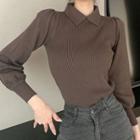 Puff-sleeve Collared Ribbed Knit Top