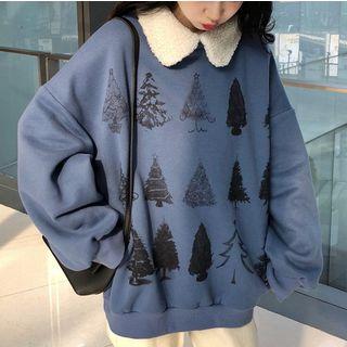 Furry Collar Christmas Tree Print Pullover