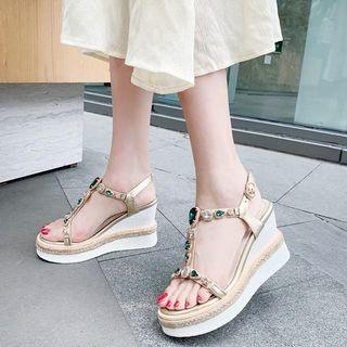 Genuine Leather Rhinestone Strap H-bar Wedge Platform Sandals