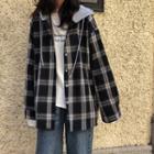 Hooded Plaid Button Jacket Navy Blue - One Size