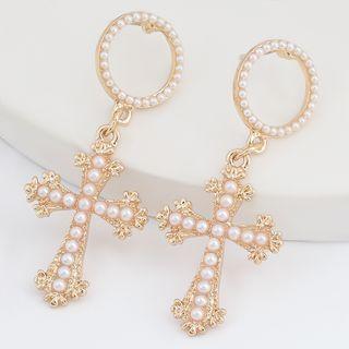 Cross Faux Pearl Alloy Dangle Earring 1 Pair - Gold - One Size
