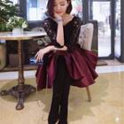 Elbow-sleeve Lace-panel Bow-tied Pleated Dress