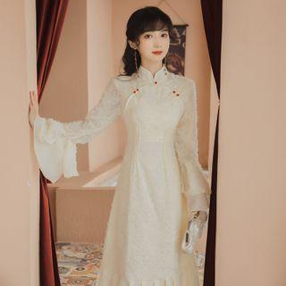Mandarin Collar Bell-sleeve Maxi A-line Dress