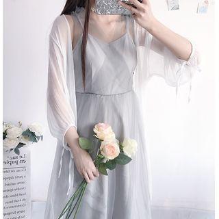 Mock Two Piece Sleeveless Midi A-line Dress / Light Jacket
