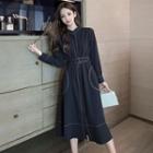 Stand Collar Long Sleeve Stitched A-line Shirtdress
