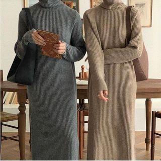 Turtleneck Ribbed Knit Maxi Sweater Dress