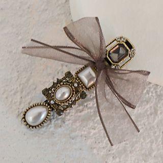 Bow Organza Faux Pearl Hair Clip Gray & Gold - One Size