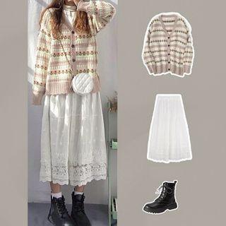 Set Of 2: Floral Cardigan + Midi Skirt