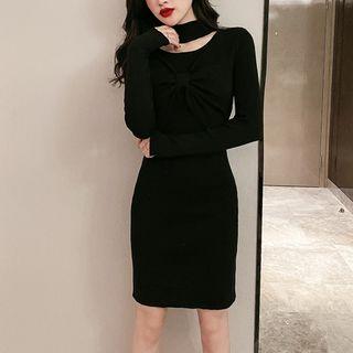 Mock-turtleneck Cut-out Mini Knit Sheath Dress