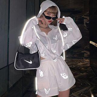 Set: Reflective Print Zipped Hooded Jacket + Hot Pants