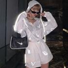 Set: Reflective Print Zipped Hooded Jacket + Hot Pants
