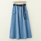 High-waist Plain A-line Denim Long Skirt