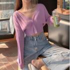 Long-sleeve V-neck Plain Button-up Loose Fit Cropped Cardigan