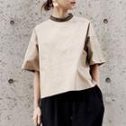 Short-sleeve Contrast Trim Stand-collar T-shirt Almond - One Size