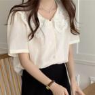 Short-sleeve Lace Collar Blouse Off-white - One Size