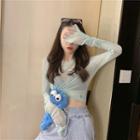 Shirred Long-sleeve Mesh Top