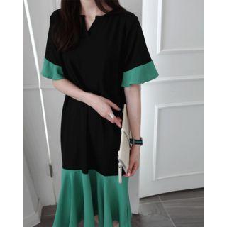 Color-block Flounced Midi Dress