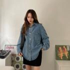 Curve-hem Snap-button Denim Shirt Blue - One Size