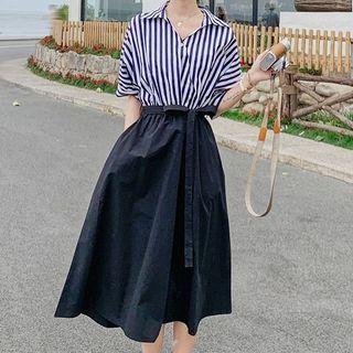 Short Sleeve Open-placket Striped Panel Shirtdress